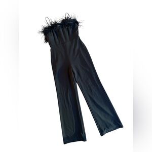 VC11 Black Jumpsuit with feather Trim Size Medium